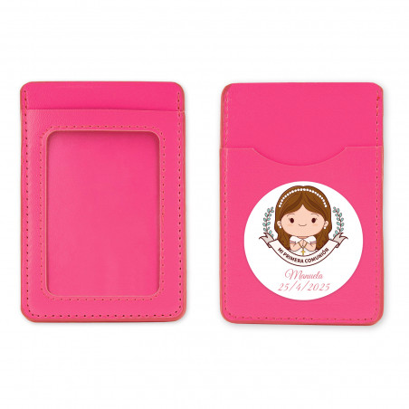 Porta-cartões rosa com adesivo de primeira comunhão para lembranças