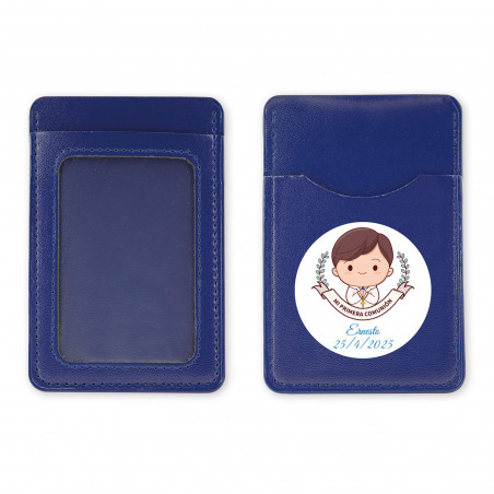 Porta-cartões azul com adesivo de primeira comunhão para lembrancinhas