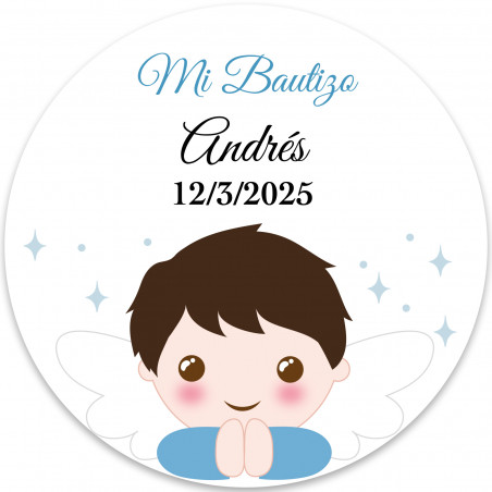 Adesivo anjo criança redondo 5cm personalizável para batizado