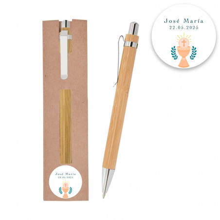 Caneta de bambu em capa personalizada com adesivo de design de cálice para comunhão