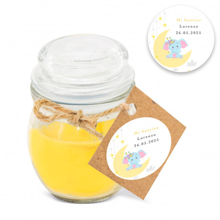 Vela aromática amarela em frasco de vidro com etiqueta personalizável com design de elefante para batizado