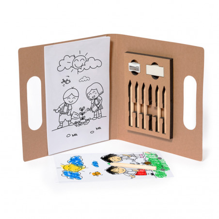 Livro para colorir com lápis, apontador e borracha em pasta personalizada