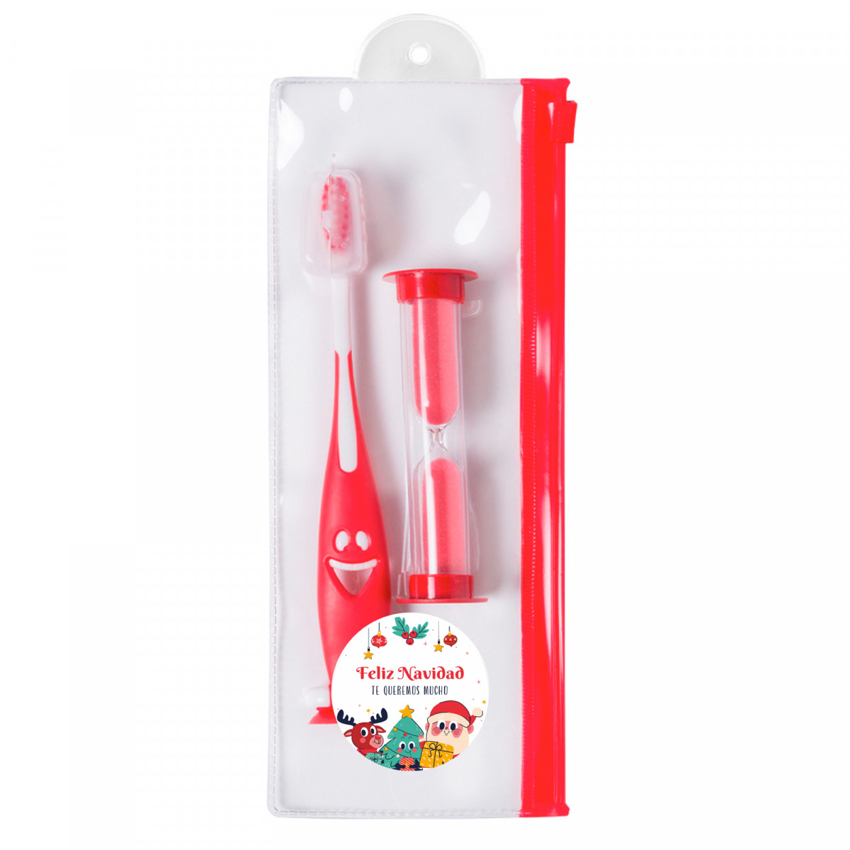 Escova de dentes com ampulheta em estojo e adesivo natalino personalizável para detalhes