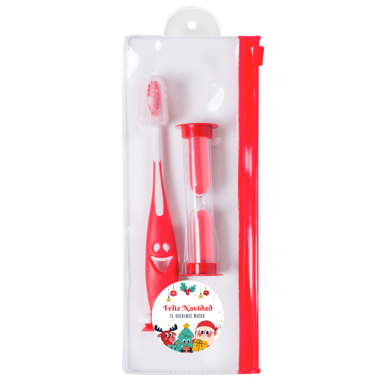 Escova de dentes com ampulheta em estojo e adesivo natalino personalizável para detalhes