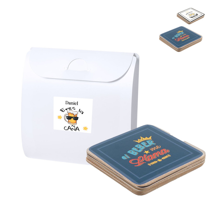 Porta-copos de cortiça com frase em estojo branco com adesivo personalizado