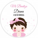 Adesivo anjo menina redondo 5cm personalizável para batizado