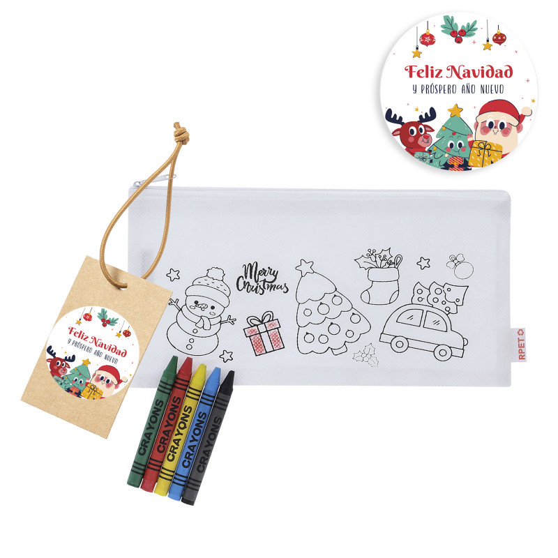 Estojo de Natal para colorir com giz de cera e etiqueta personalizada para presentear