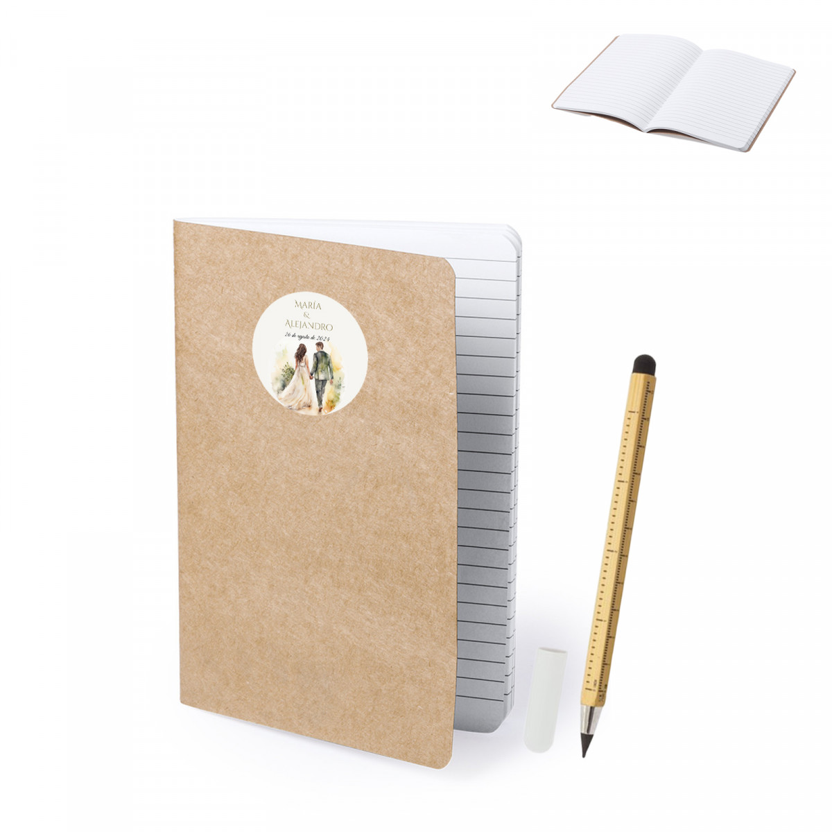 Caderno de papel reciclado com adesivo de casamento e lápis infinito multiuso