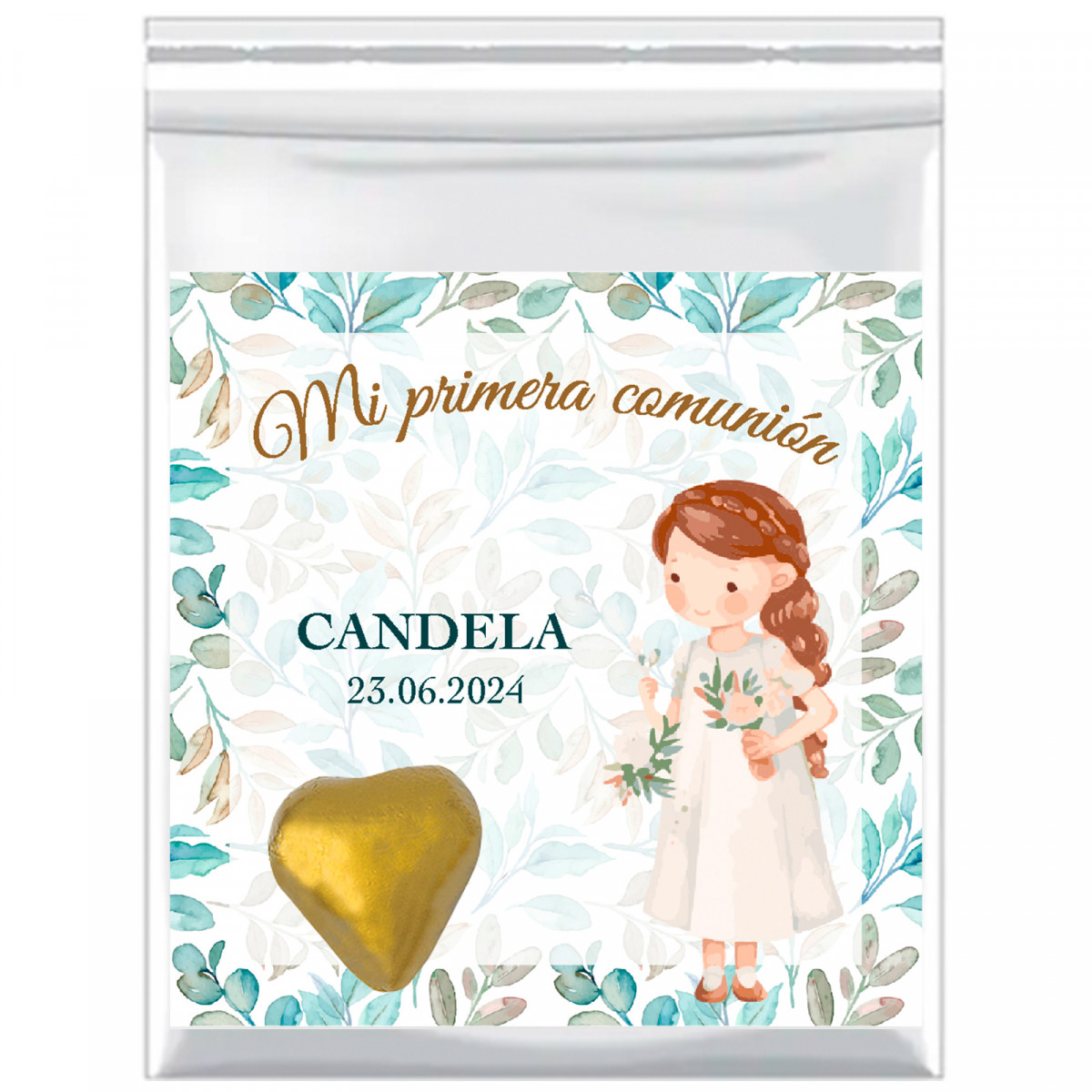 Cartão de agradecimento para primeira comunhão em bolsa com bombom de chocolate para lembranças