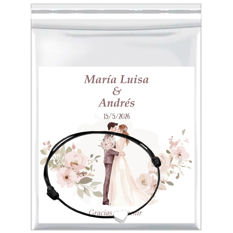 Cartão de lembrança personalizado com pulseira de cordão fino com coração prateado em bolsa para detalhes de casamento