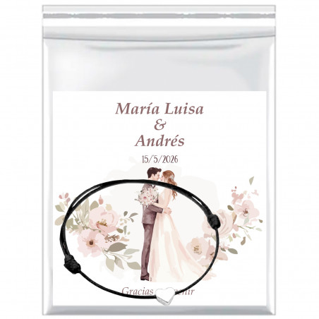 Cartão de lembrança personalizado com pulseira de cordão fino com coração prateado em bolsa para detalhes de casamento
