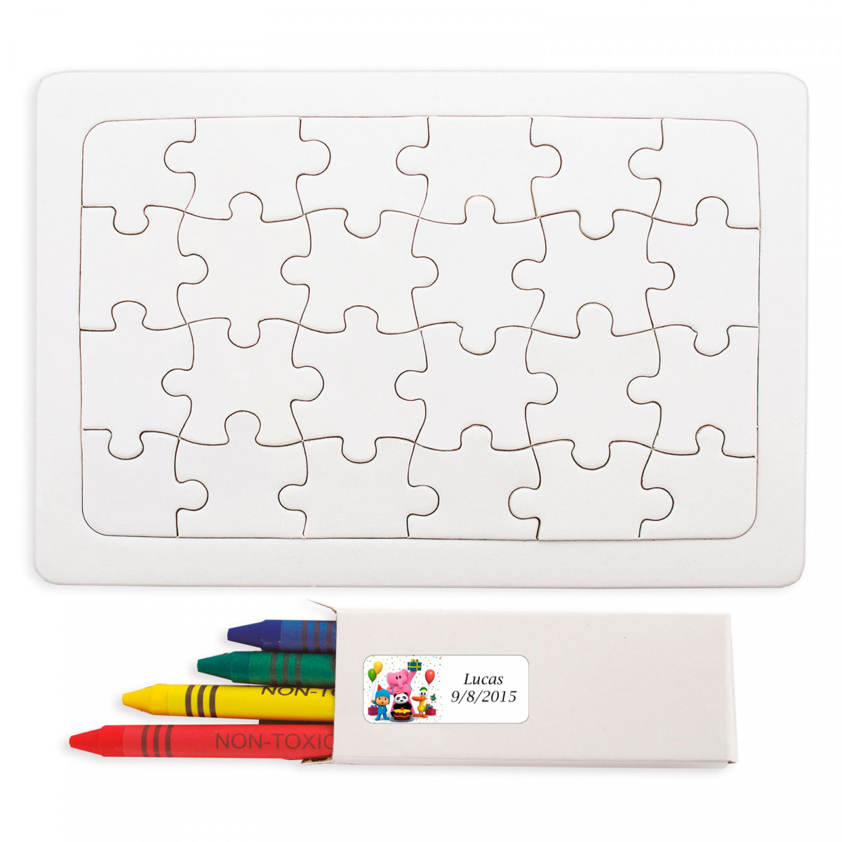Quebra-cabeça com cera colorida para desenhar e adesivo Pocoyó personalizável para detalhes