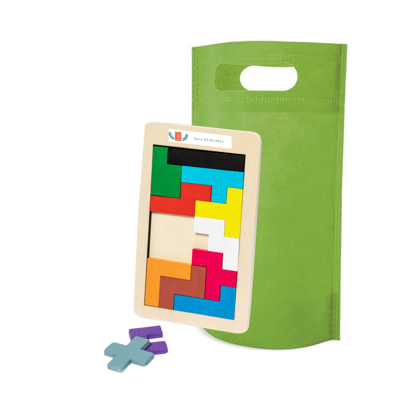 Quebra-cabeça de tetris de madeira personalizado para comunhão com bolsa