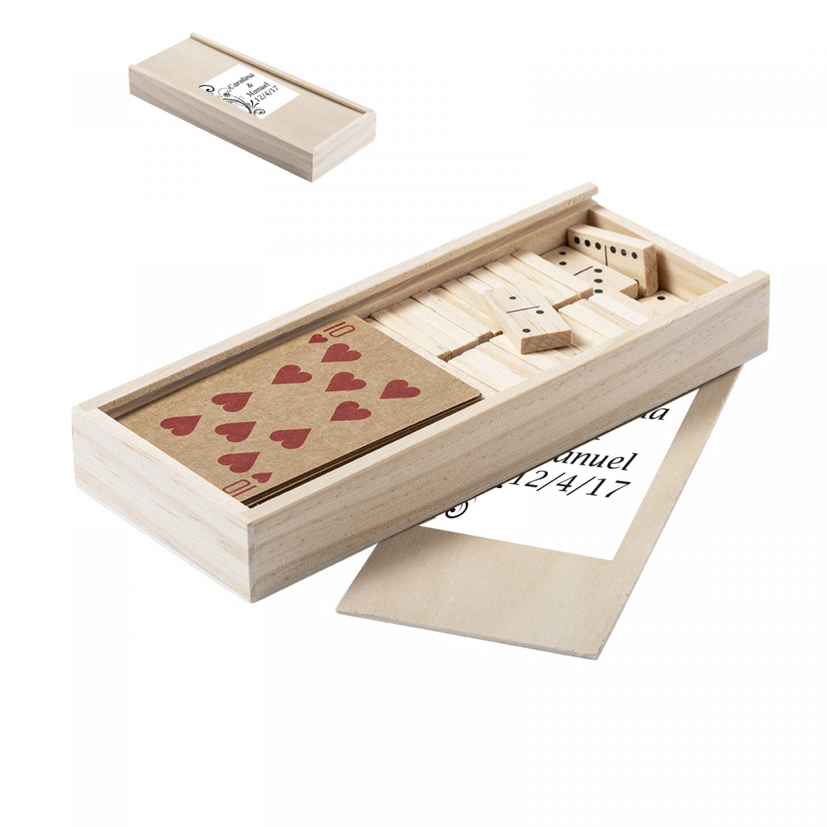 Jogo de cartas e dominó em estojo de madeira personalizado com adesivo para presentear