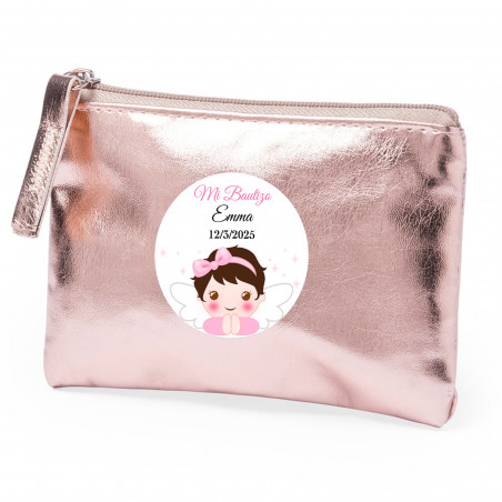 Carteira rosa personalizada com adesivo de batizado menina para lembranças