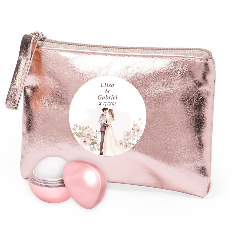 Carteira rosa com adesivo de 5cm com design de noivos e bálsamo labial para lembrancinhas de casamento