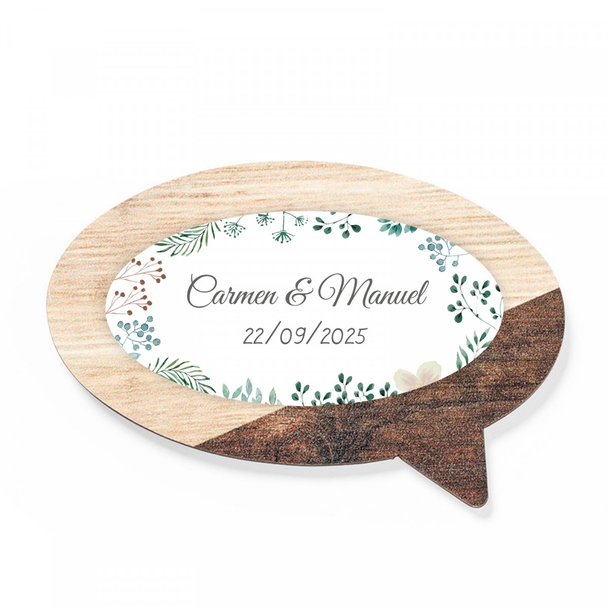 Imã de madeira com adesivo herbal personalizável para lembranças de casamento