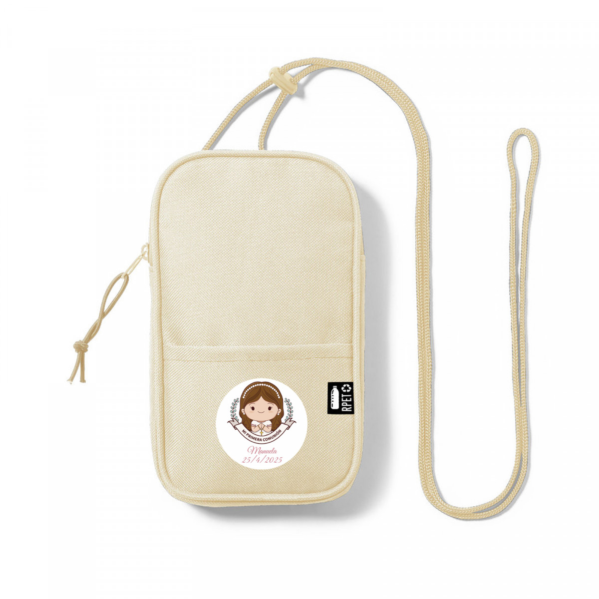Bolsa bege para celular com adesivo de comunhão de menina