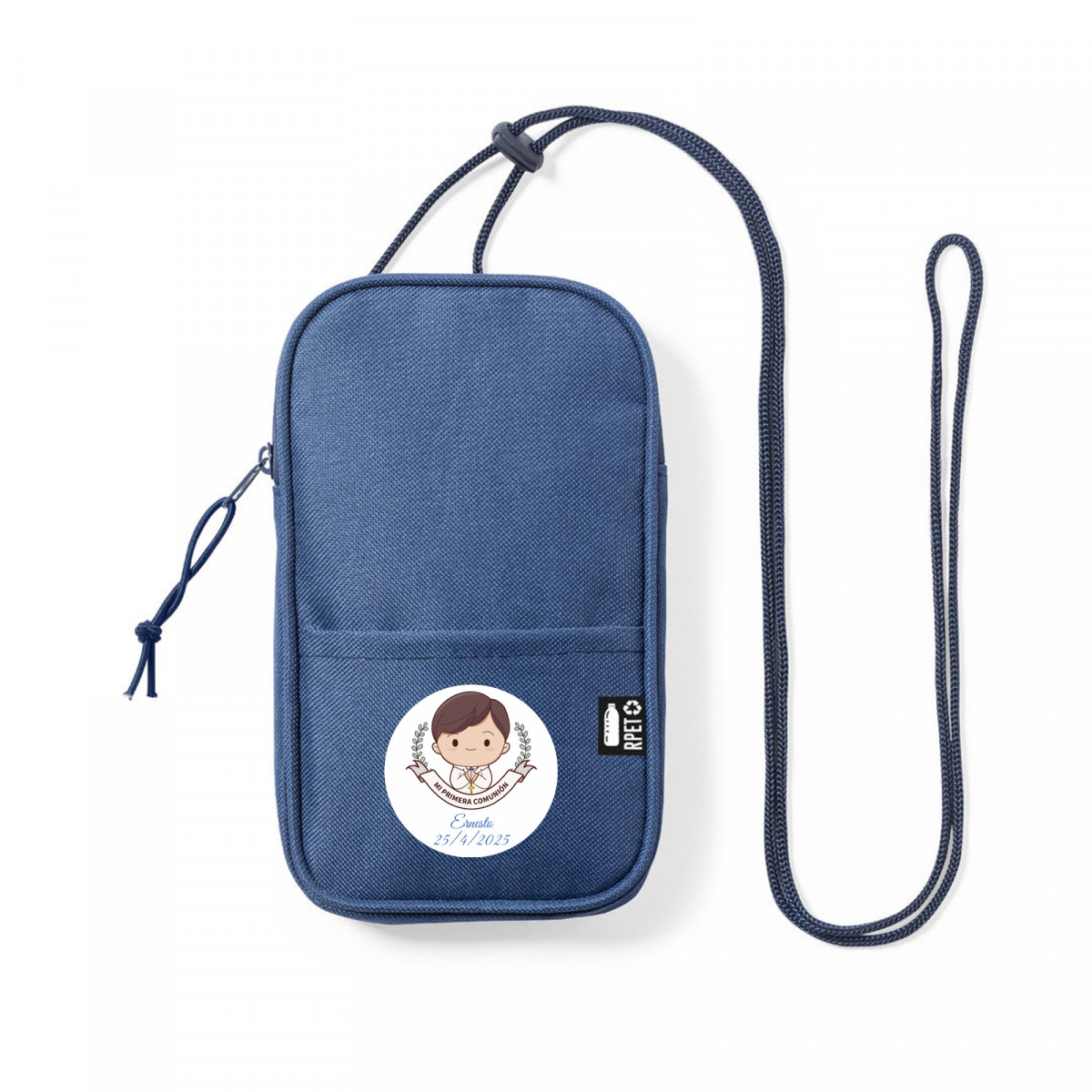 Porta-móvel azul com adesivo de comunhão de menino