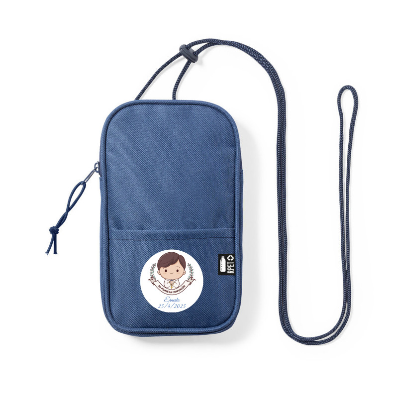 Porta-móvel azul com adesivo de comunhão de menino