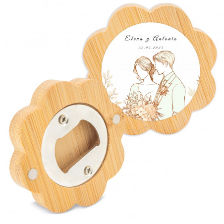 Abridor de madeira em forma de flor e adesivo romântico noivos para detalhes de casamento