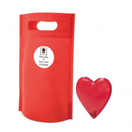 Aquece-mãos em forma de coração vermelho com bolsa e adesivo personalizado