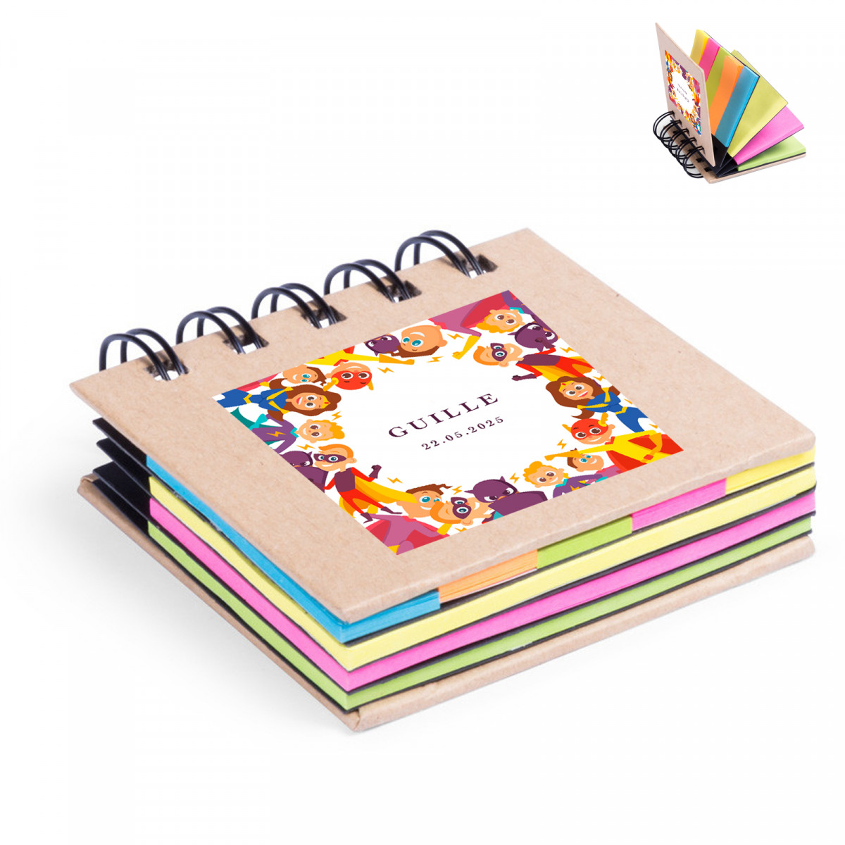 Caderno com post-its adesivos coloridos com super-heróis