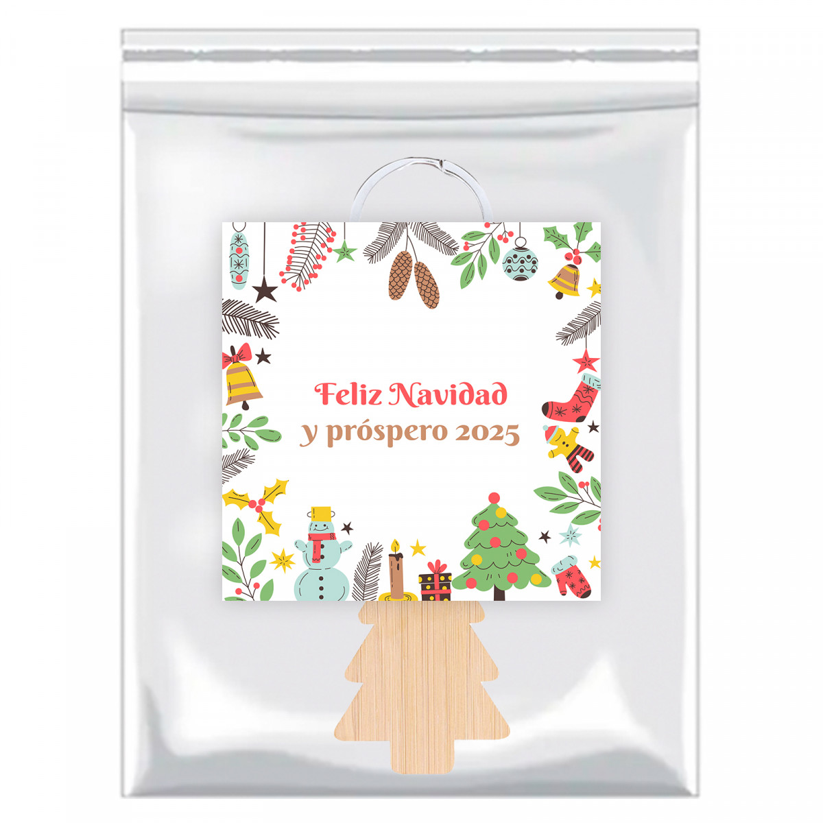 Chaveiro árvore de natal de madeira em bolsa com adesivo natalino personalizável para lembranças