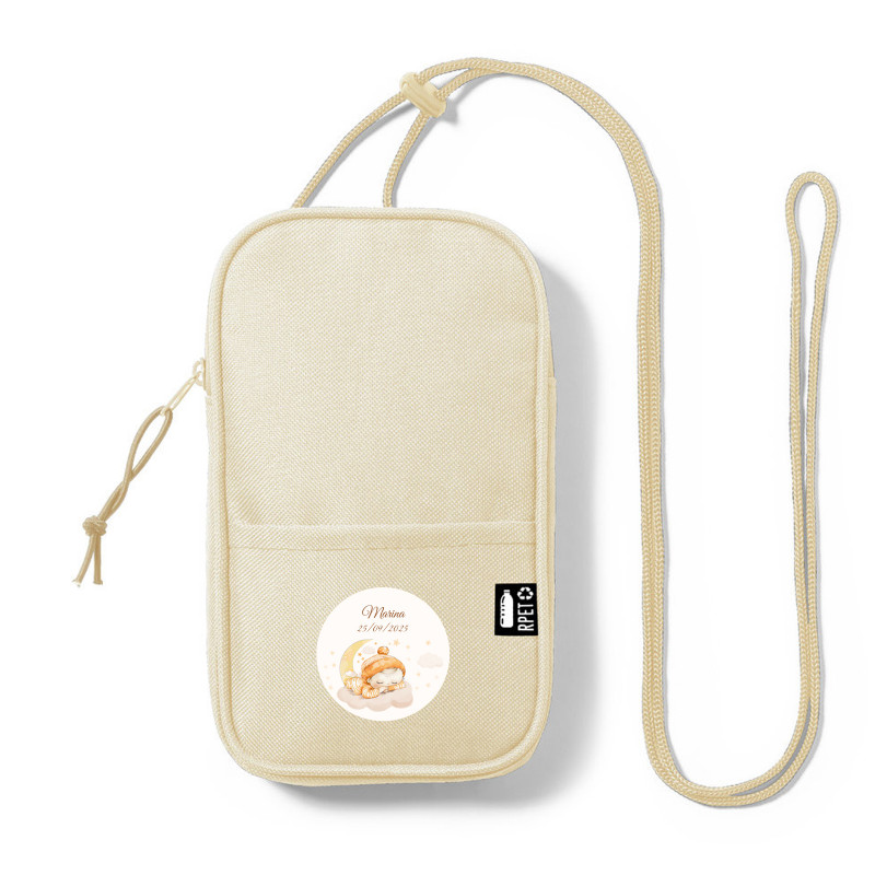Porta-móvel bege com adesivo personalizado de batizado