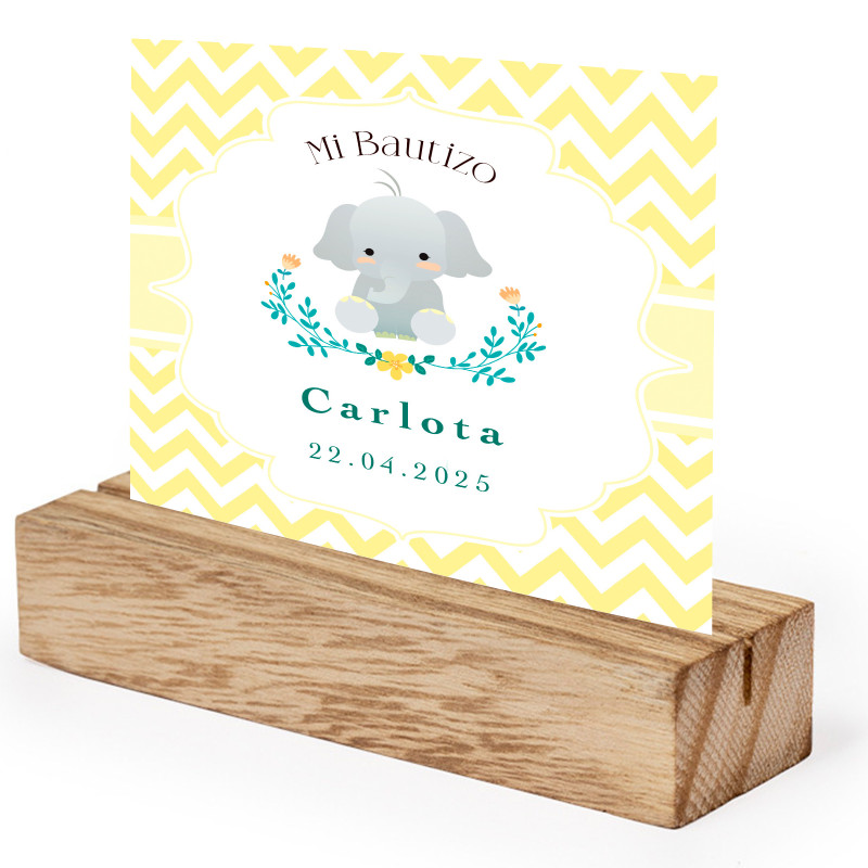 Suporte de mesa de madeira com cartão de lembrança para decoração de mesa de batizado