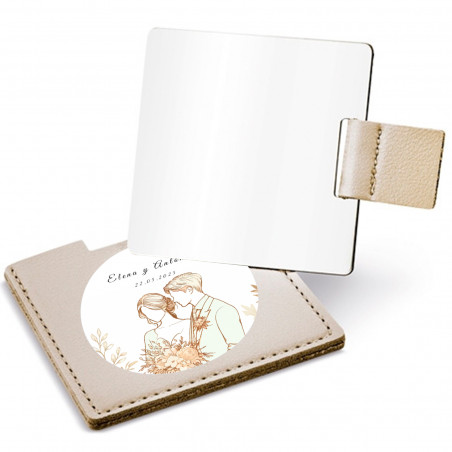 Espelho em estojo dourado com adesivo design noivos para detalhes de casamentos