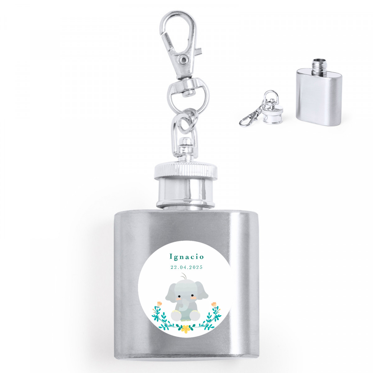 Chaveiro petaca com adesivo design de elefante personalizável para detalhes de batizados