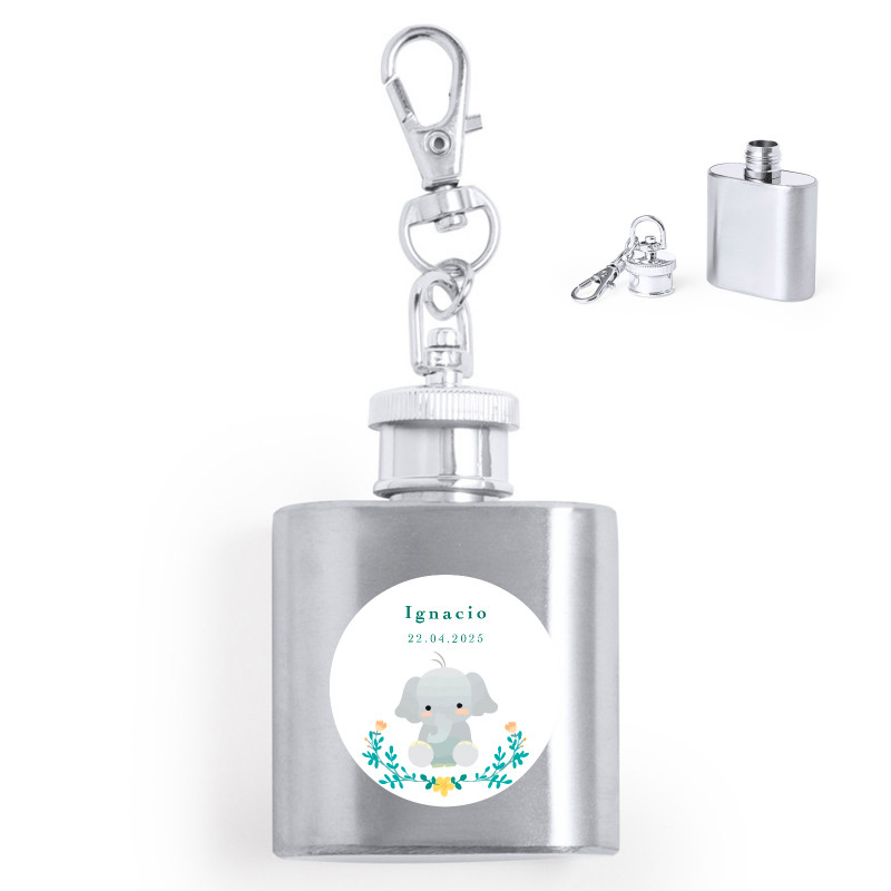 Chaveiro petaca com adesivo design de elefante personalizável para detalhes de batizados