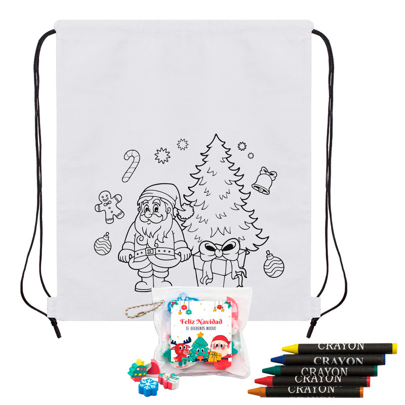 Mochila infantil natal para colorir com giz de cera e borrachas com adesivo natalino para detalhes
