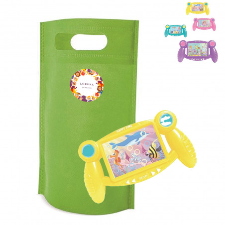 Jogo de habilidade infantil com bolsa verde e adesivo personalizado