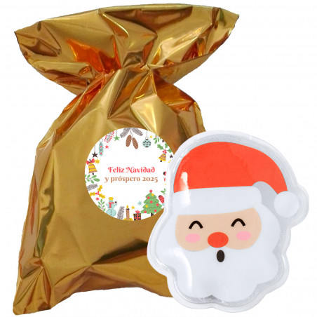 Aquece mãos papai noel em bolsa metalizada dourada e adesivo natalino para detalhes