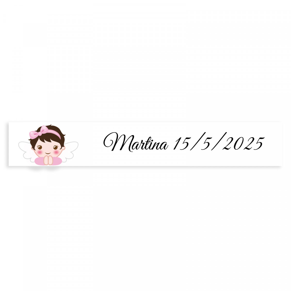 Adesivo retangular 5x1 personalizável fundo branco anjo menina para batizado