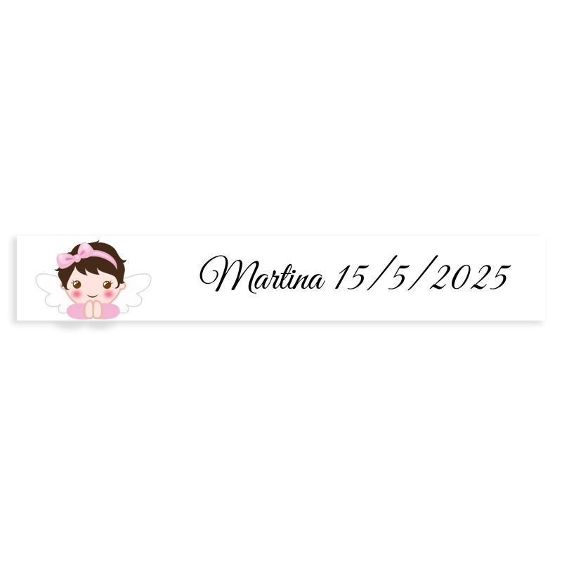 Adesivo retangular 5x1 personalizável fundo branco anjo menina para batizado