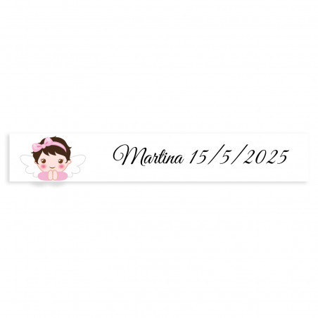 Adesivo retangular 5x1 personalizável fundo branco anjo menina para batizado