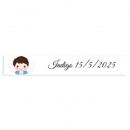 Adesivo retangular 5x1 personalizável fundo branco anjinho para batizado