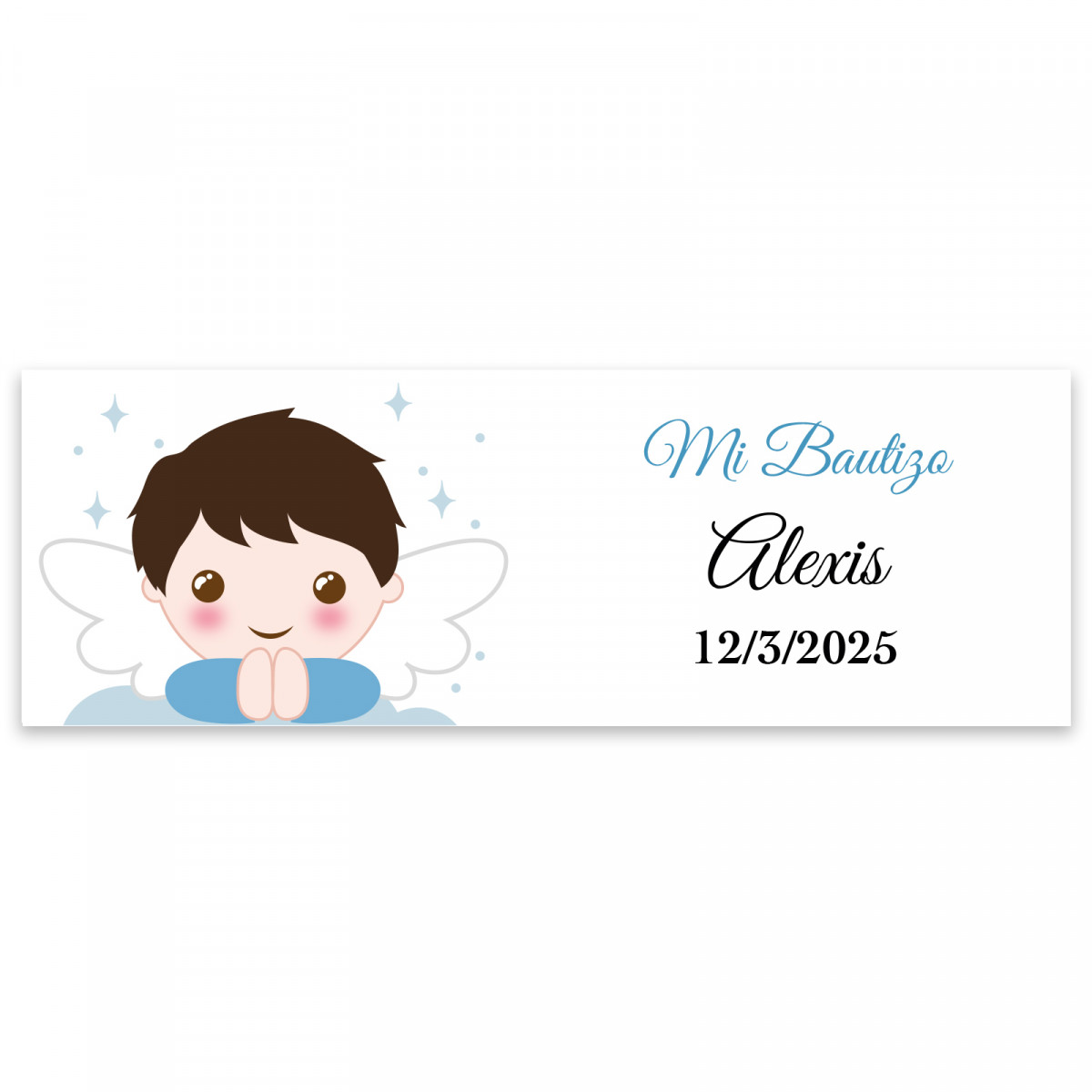 Adesivo retangular 6x2 personalizável anjo menino para batizado