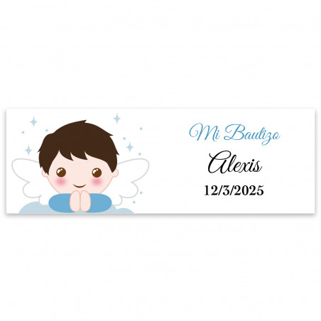 Adesivo retangular 6x2 personalizável anjo menino para batizado