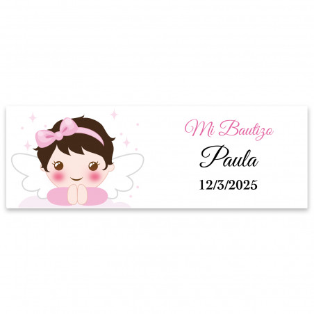 Adesivo retangular 6x2 personalizável anjinho menina para batizado