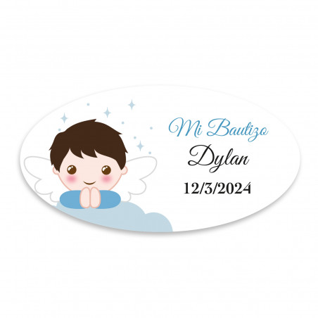 Adesivo ovalado personalizável anjo menino para batizado