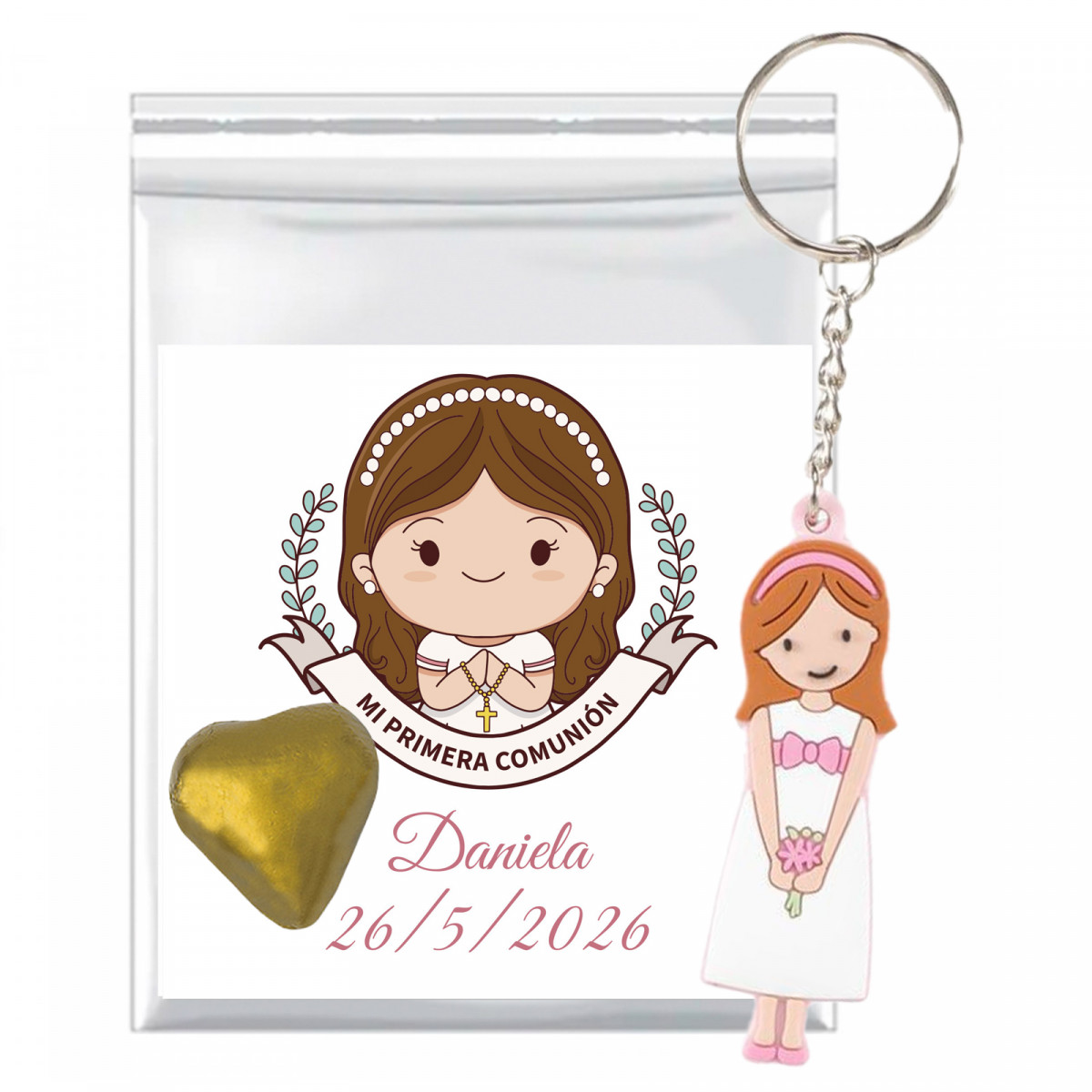 Bombom de coração com chaveiro de comunhão e cartão personalizado para menina