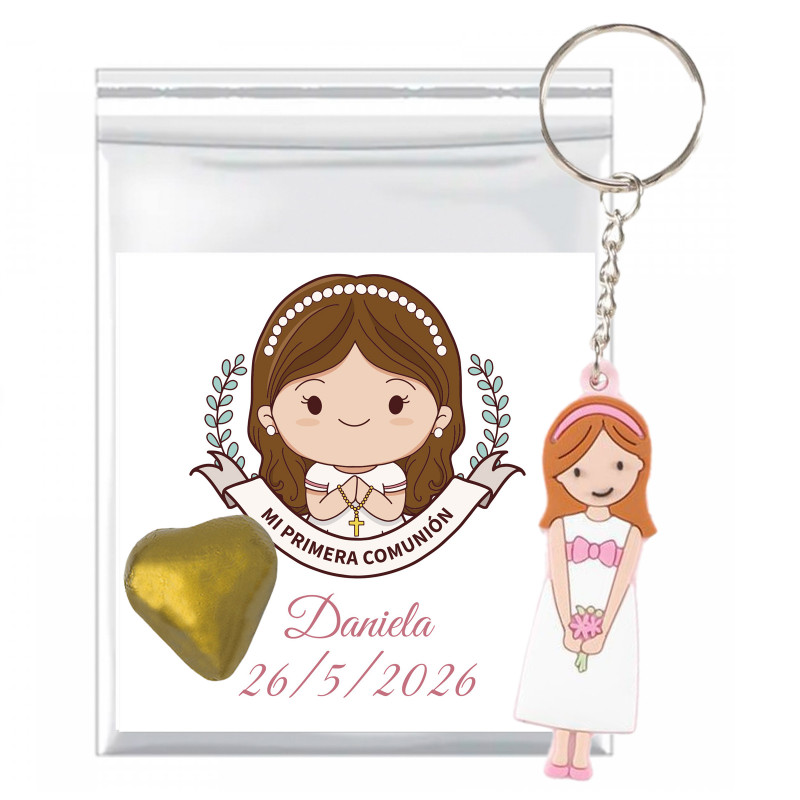 Bombom de coração com chaveiro de comunhão e cartão personalizado para menina