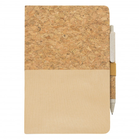 Caderno de cortiça na cor creme personalizado com adesivo de casamento e bolsa para presentear