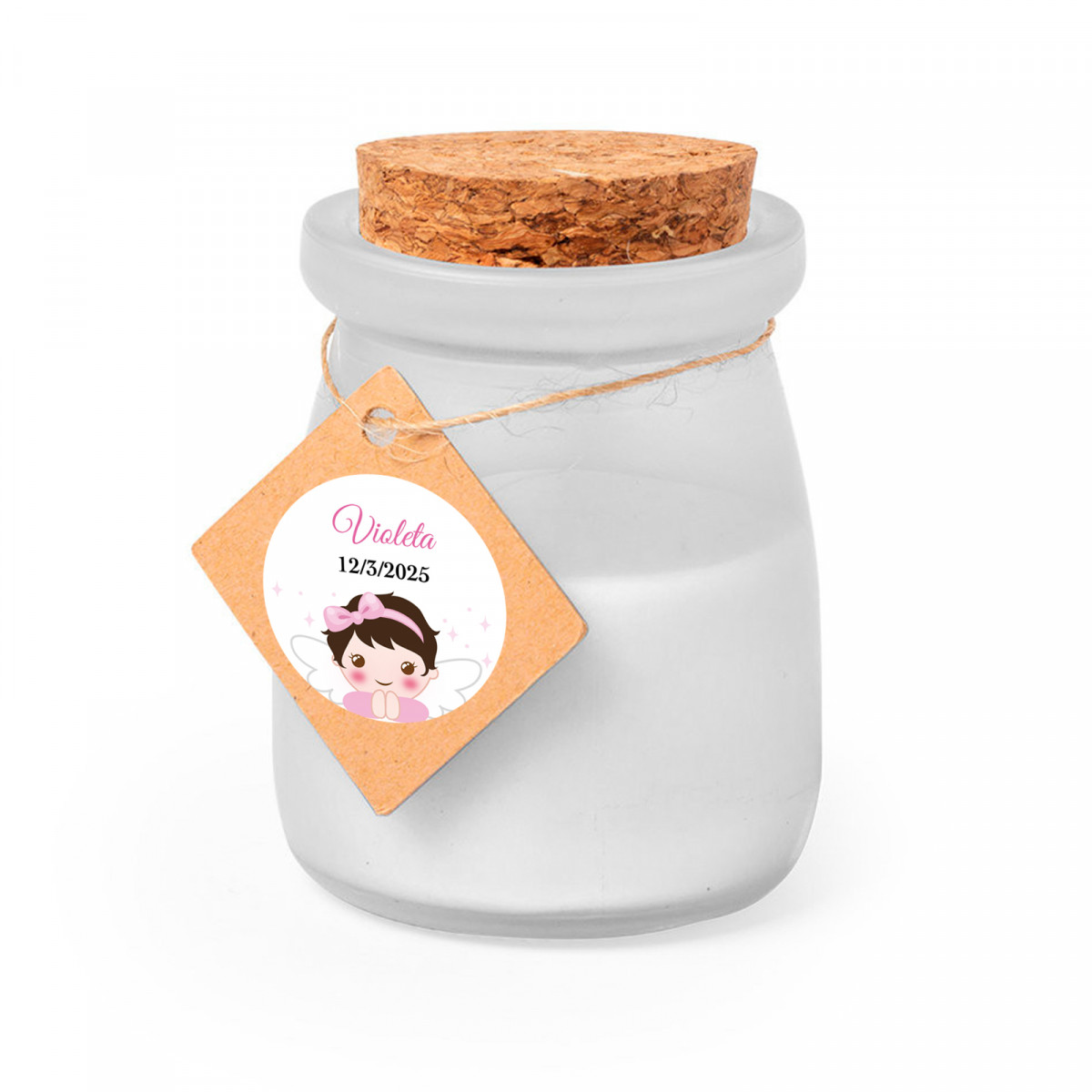 Vela aromática com tampa de cortiça e etiqueta personalizada para detalhes de batizado menina