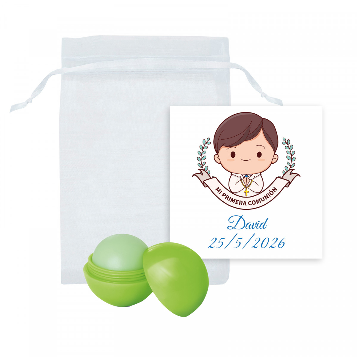 Bálsamo labial esférico verde em bolsa de organza com cartão para comunhão de menino