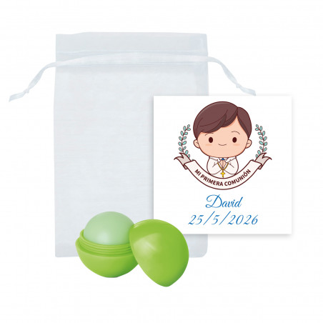 Bálsamo labial esférico verde em bolsa de organza com cartão para comunhão de menino